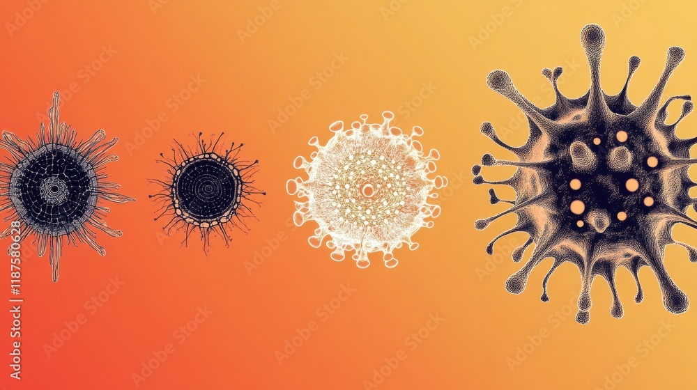 Poster progression of virus forms from basic structures to complex configurations in vibrant orange backgro