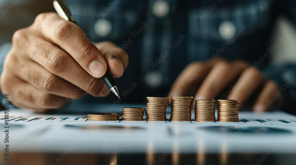 Aufkleber analyzing financial data, financial expert stacks coins while reviewing charts. this close up captur