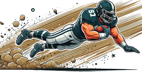 A linebacker diving to make a tackle, with dynamic action lines and dust particles in a flat-style composition