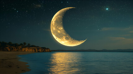 Fototapeta premium Crescent Moon over a Calm Ocean at Night: A Serene Coastal Landscape
