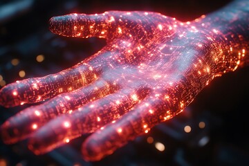 A glowing digital hand reaches out in technological embrace