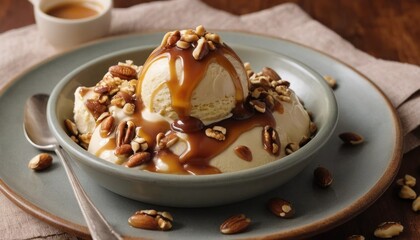 Delicious ice cream dessert topped with caramel sauce and chopped nuts in a cozy setting