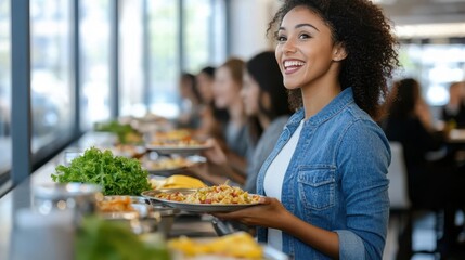 Happy latin american student getting food in university cafeteria