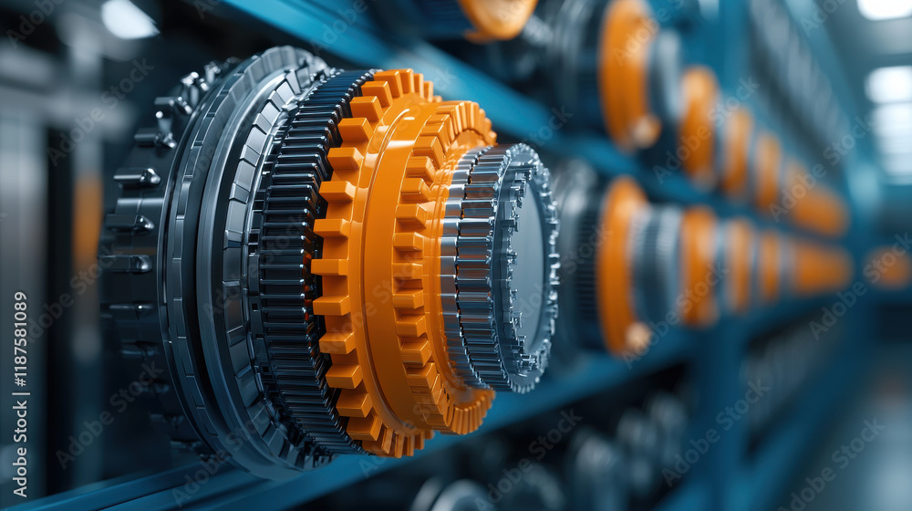 Poster Close up of machine components with orange and gray gears, showcasing intricate design and engineering. image highlights precision and complexity of mechanical systems
