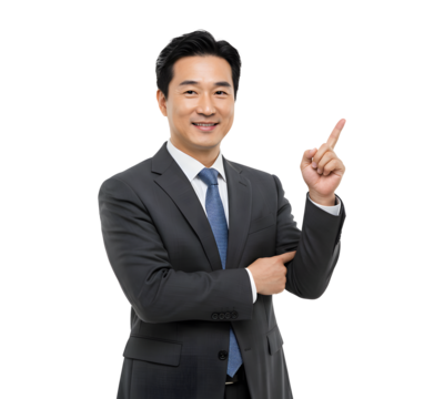 Handsome smiling male executive pointing his finger 