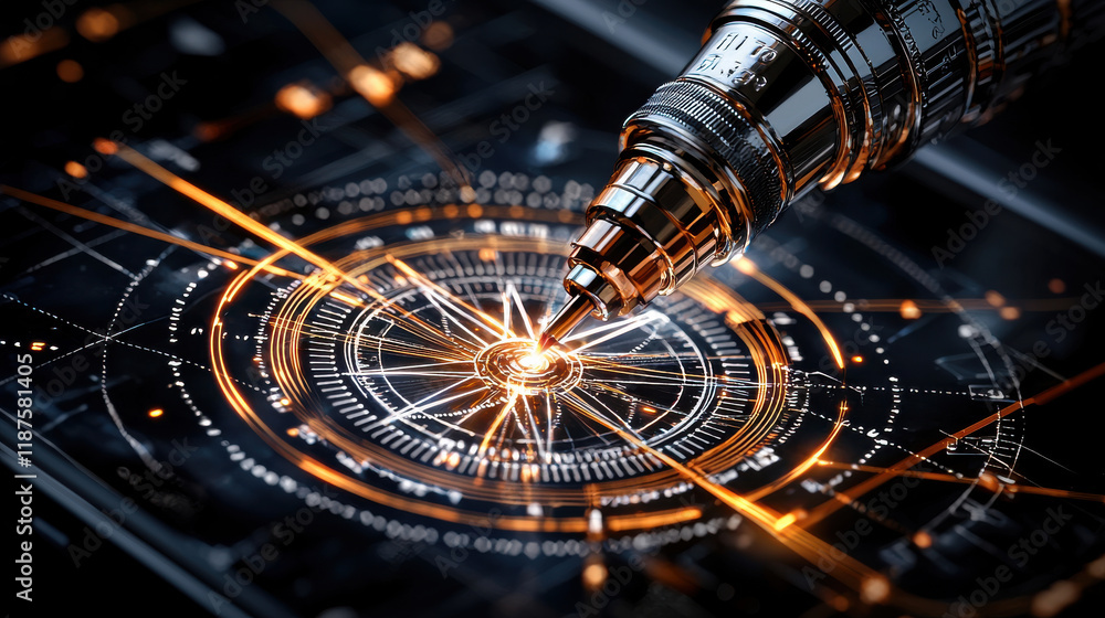 Poster Close up of precision digital compass with intricate geometric patterns, showcasing advanced technology and design. glowing lines create captivating visual effect
