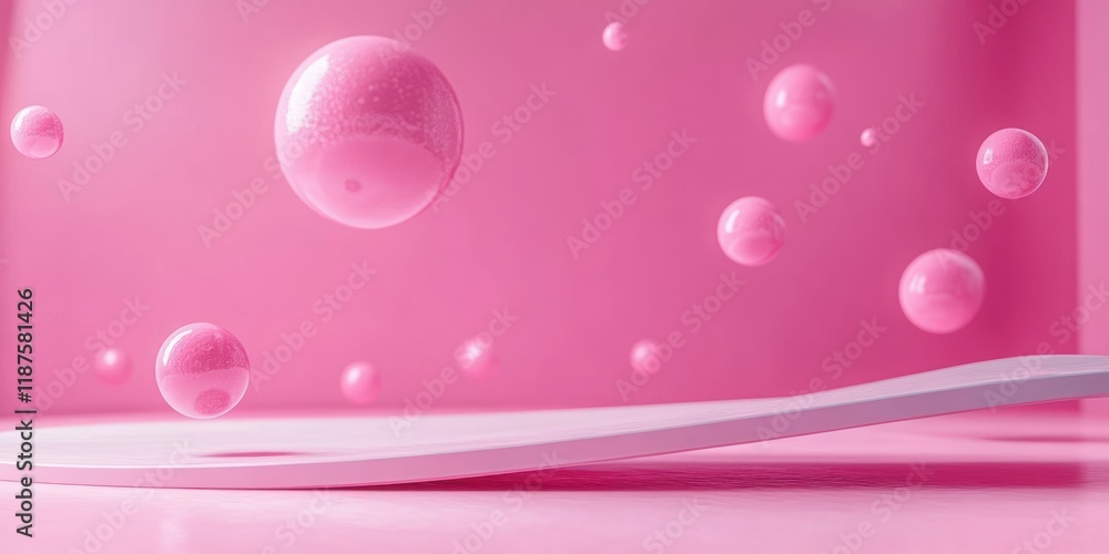Poster minimalist abstract background with pink spheres and white platform for product display
