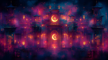 Enchanted Night Cityscape with Glowing Buildings and a Crescent Moon