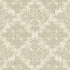 Gold glitter baroque damask pattern on cream background. Ideal for luxury d&eacute;cor, invitations, elegant wallpapers, ornate packaging, and classic design themes.