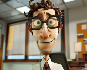 Whimsical Cartoon Office Worker Illustration with Glasses in Corporate Office Setting