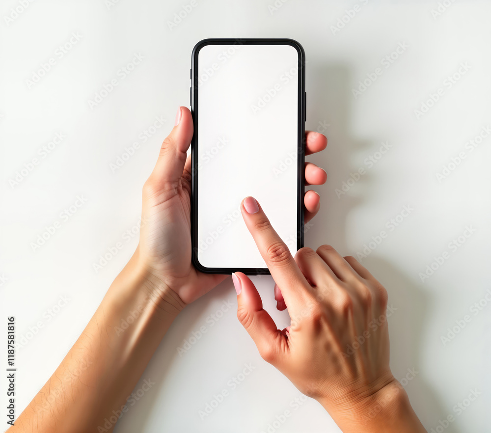 Poster Hand holds smartphone. Person scrolls blank display screen using thumb finger. Modern tech device isolated on white background. Image shows hand use touch screen. Suitable for advertisement promo of