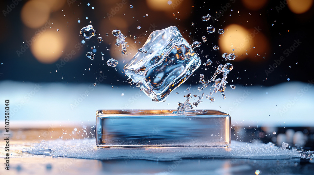Poster close up of solid block of ice with air bubbles trapped inside, creating stunning visual effect. ice appears to float above reflective surface, surrounded by splashes of water