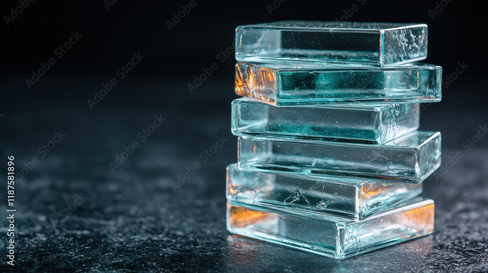 Poster close up of stack of solid glass blocks, showcasing their transparent beauty and unique reflections.