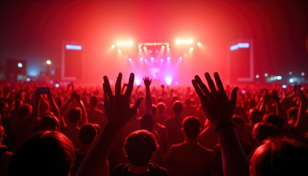 Huge crowd enthusiastically cheers at EDM festival. People dance, hands lifted in rhythm to music. Vibrant lights create energetic atmosphere. Nightlife clubbing scene. Music, partying event.