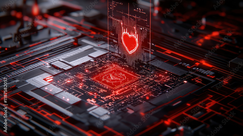 Leinwandbilder digital heart symbol on circuit board, representing ai technology and health analysis. vibrant red c