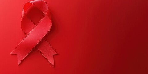 A striking red ribbon on a bold red background, representing health awareness and the fight against diseases, conveying a powerful message of support and solidarity.
