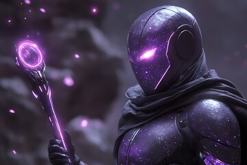 A futuristic warrior wields a glowing purple staff
