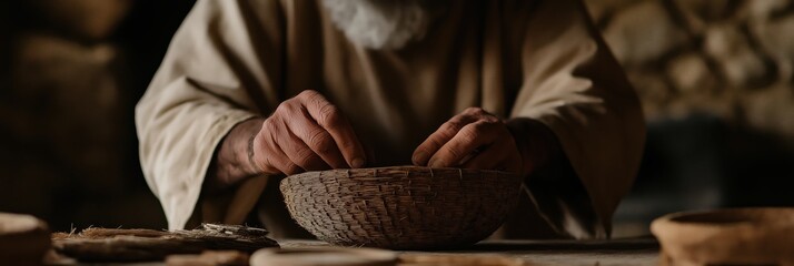 A skilled craftsman lovingly weaves a basket, highlighting the artistry and dedication in traditional craftsmanship, symbolizing creativity and cultural heritage.