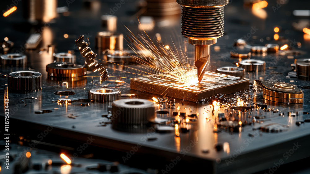Aufkleber close up of metalworking process with sparks flying, showcasing precision machining and intricate de