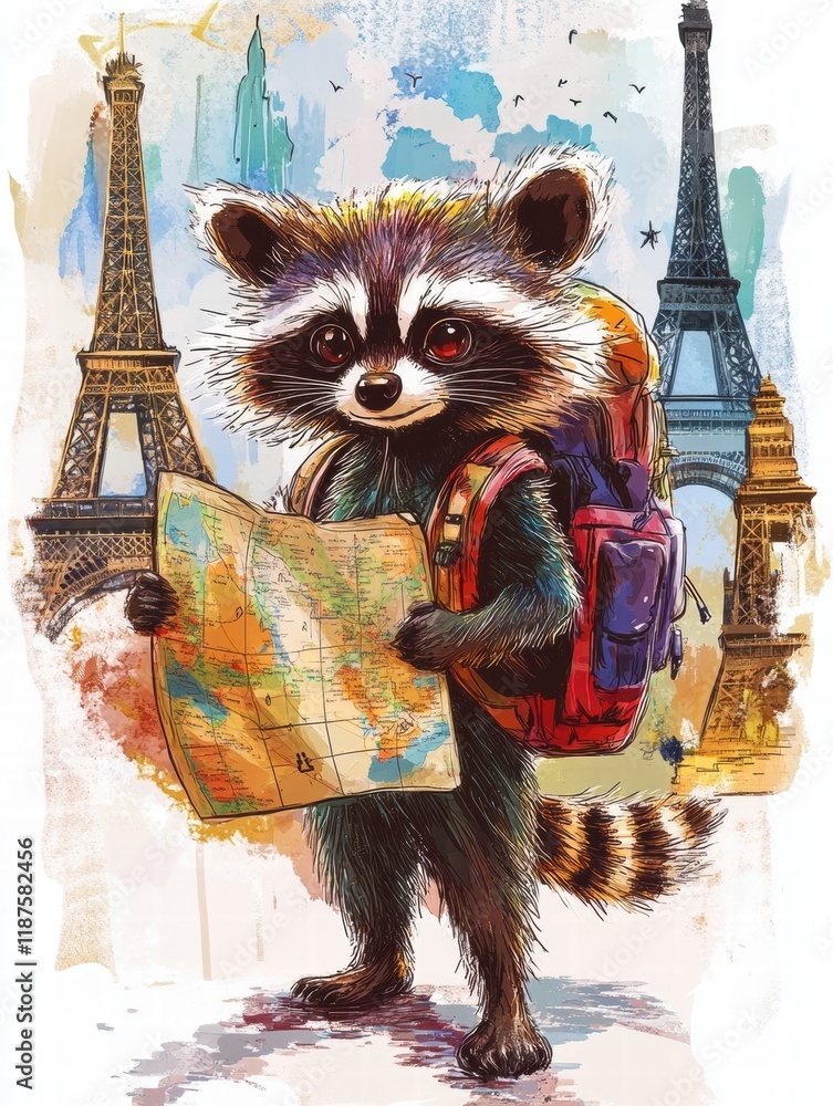Poster raccoon explorer with a map and backpack in front of famous world landmarks ready for an adventure. 
