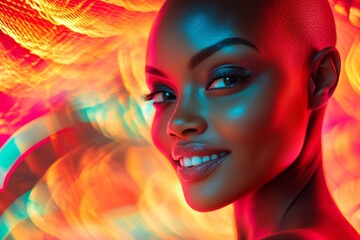 Pretty happy black girl - for ads, banner and digital marketing use. Short hairdo - bald head - no hair. Commercial marketing idea. Fashionable african american beauty. African american beauty.