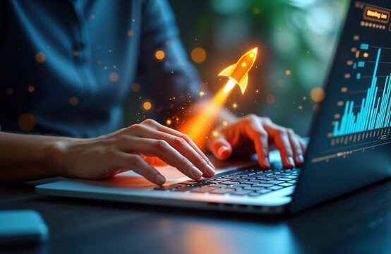 Person typing on laptop showing business growth. Hands type on keyboard with rocket graphic. Growth chart appears on screen. Digital marketing, startup success. Tech innovation accelerates progress, - Powered by Adobe