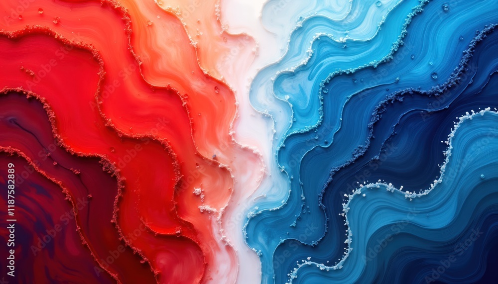 Poster abstract painting with red, blue waves. white line divides colors. textured design. colors blend smo