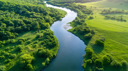 Aerial view of a tranquil river winding through a dense, lush green forest, with clear water reflecting the trees. The forest is rich in vibrant greenery, and the river appears calm and peaceful.