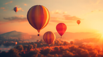 Fototapeta premium Sunrise Hot Air Balloons Over Scenic Landscape with Vibrant Skies and Dreamy Atmosphere - Perfect for Travel Inspiration and Adventure Themes