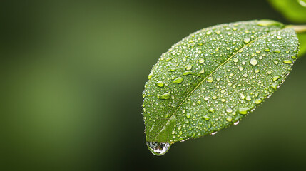 Fototapeta premium Fresh green leaf with water droplets, showcasing nature beauty and detail. vibrant colors and textures highlight importance of water in plant life
