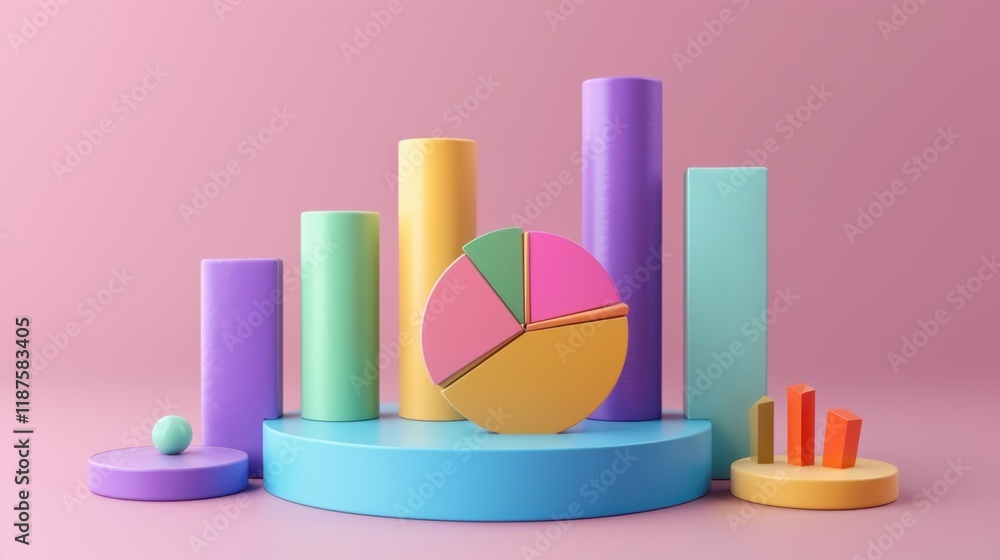 Poster colorful 3d geometric shapes representing data visualization, including bar graphs and pie charts, s