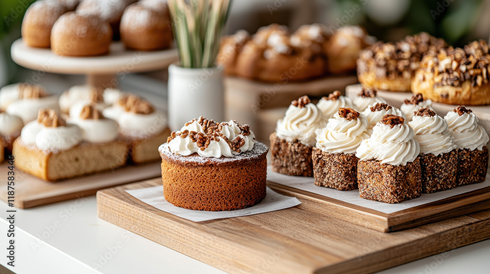 Poster freshly baked cakes and pastries displayed in bakery showcase, featuring variety of textures and top