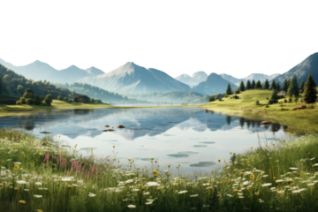 Mountain lake reflecting serene landscape with wildflowers and trees amidst clear blue skies during daytime