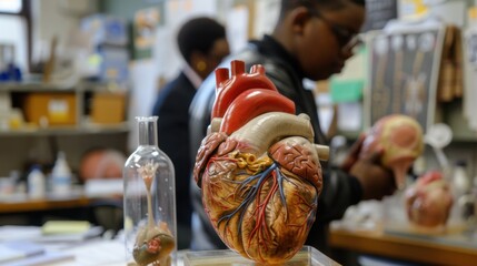 Obraz premium detailed anatomical model of human heart is displayed prominently, with students engaged in learning environment. background features various anatomical models and educational materials