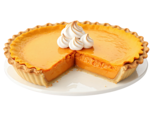 Sweet Potato Pie, whole pie with browned marshmallow topping, vibrant orange filling, fluted crust, sliced, inviting presentation