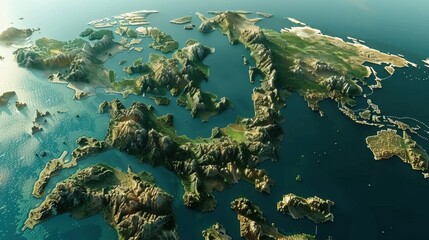 Aerial view of detailed topographic map showcasing islands, mountains, and water bodies, highlighting natural beauty of landscape