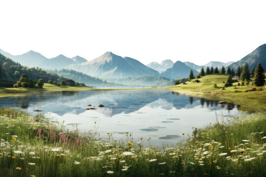 Mountain lake reflecting serene landscape with wildflowers and trees amidst clear blue skies during daytime - Powered by Adobe