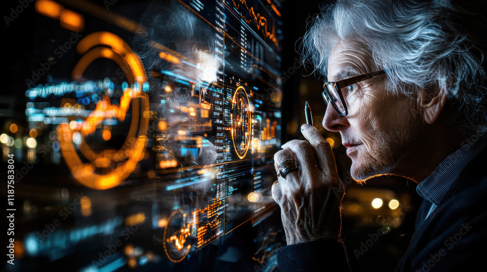 Aufkleber business leader analyzing data and making strategic decisions at night, showcasing technology and in