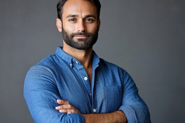 Obraz premium Confident Indian Businessman Investor in Blue Shirt with Arms Crossed in Modern Portrait