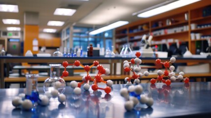Laboratory scene with molecular models, glassware, and equipment