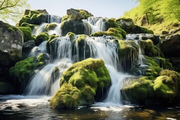 Obraz premium Scenic waterfall surrounded by lush greenery and mossy rocks during daylight