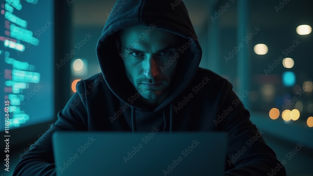 Poster hooded hacker working late on laptop code
