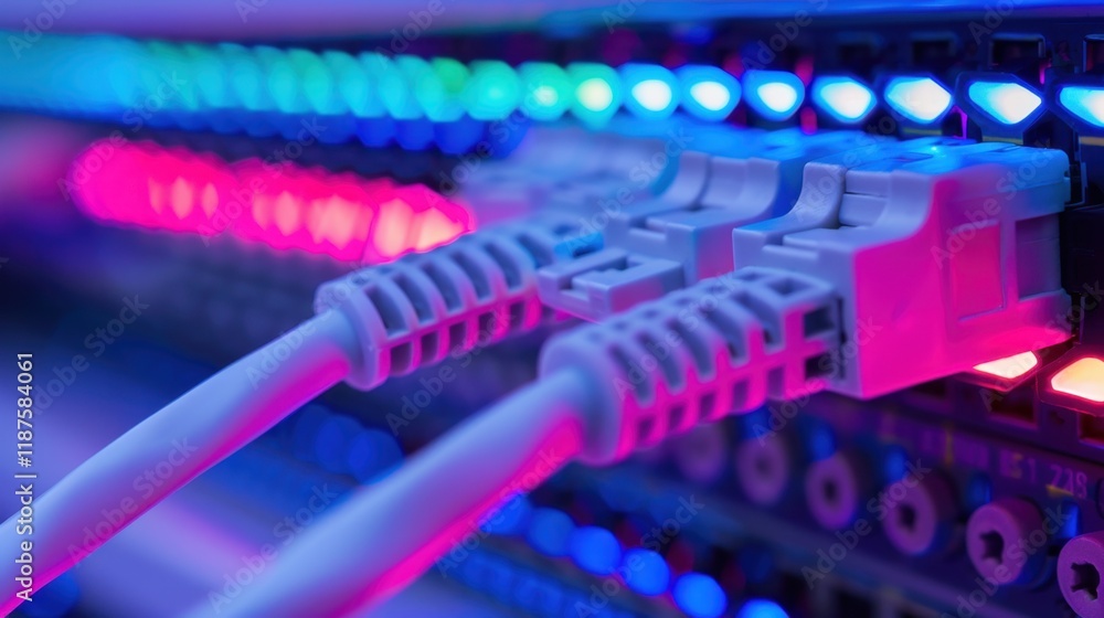 Poster high tech network cables connected to colorful data switch, showcasing vibrant led lights. this repr