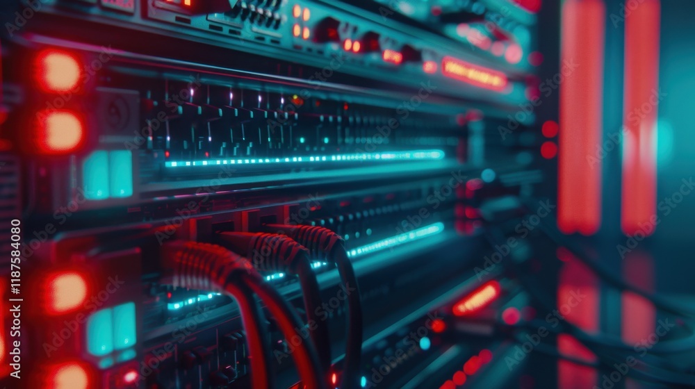 Aufkleber close up of modern server rack with glowing lights and cables, showcasing advanced technology and da