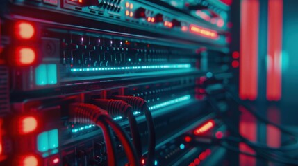 Fototapeta premium Close up of modern server rack with glowing lights and cables, showcasing advanced technology and data processing. vibrant red and blue colors create dynamic atmosphere