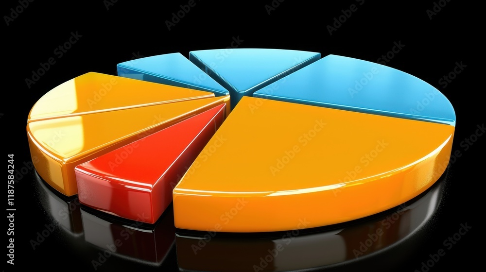 Poster colorful pie chart with segments in blue, orange, yellow, and red, representing data visualization a