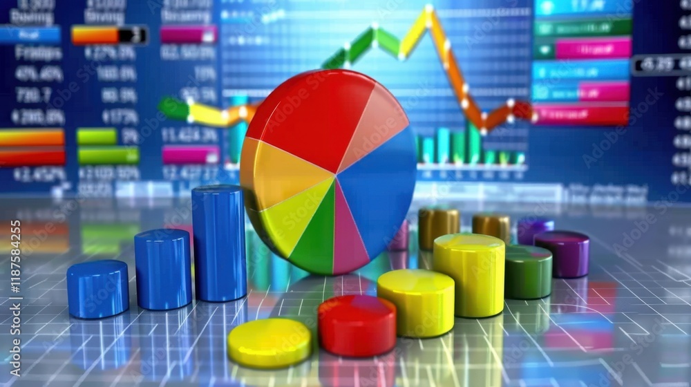 Poster colorful pie chart and bar graphs representing data analysis and statistics