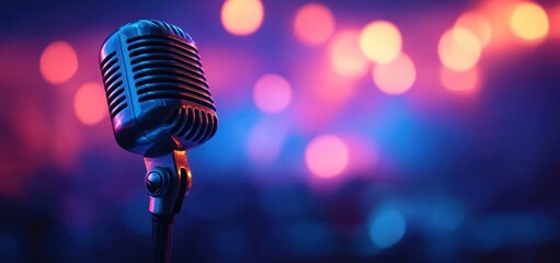 Vintage Microphone on Dark Stage with Colorful Spotlights for Live Music Performance or Podcast Background