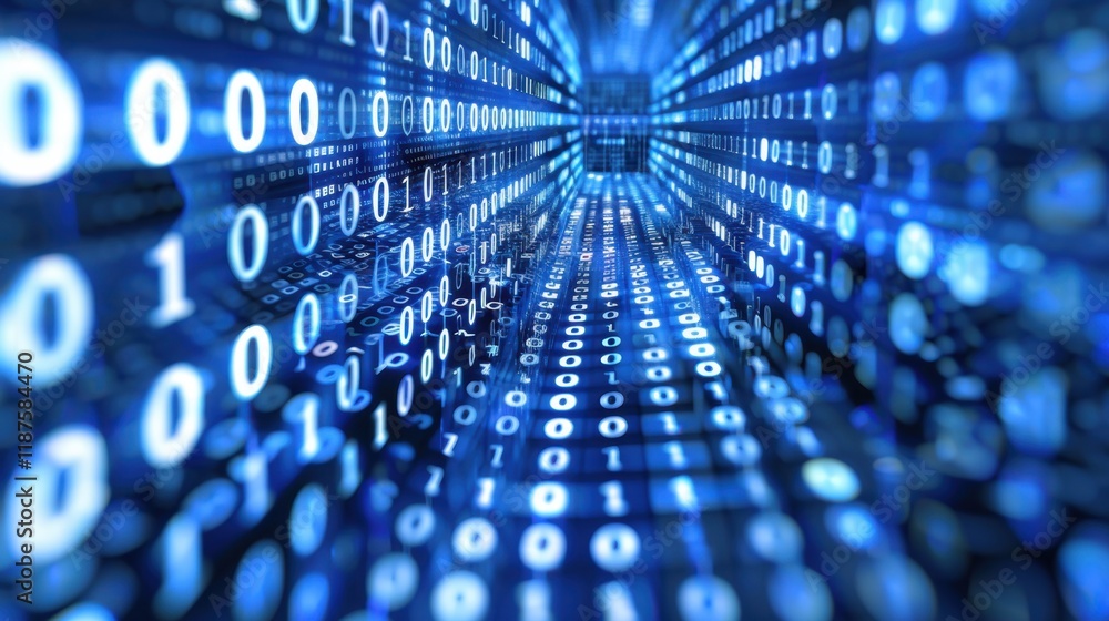Poster digital binary code flows in futuristic blue tunnel, representing data transmission and technology. 