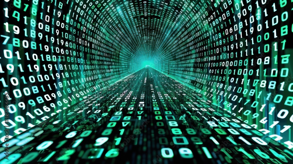 Poster digital tunnel with binary code flowing, representing data transmission and technology. vibrant gree